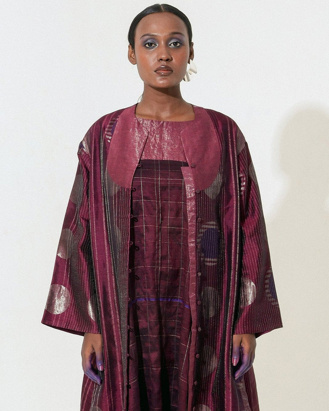 Handwoven Jamdani Jacket Dress- Plum/Maroon/Blue