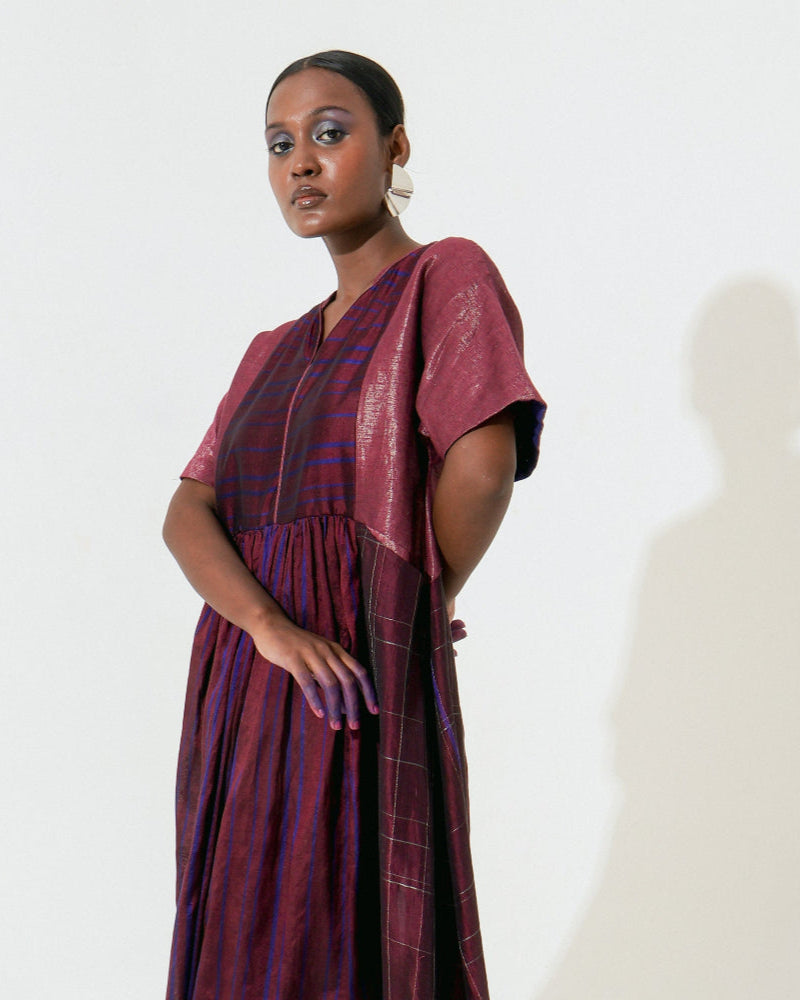 Shoonyata Gathered Dress with a collared neckline- Maroon/Plum/Blue| Karomi  crafts