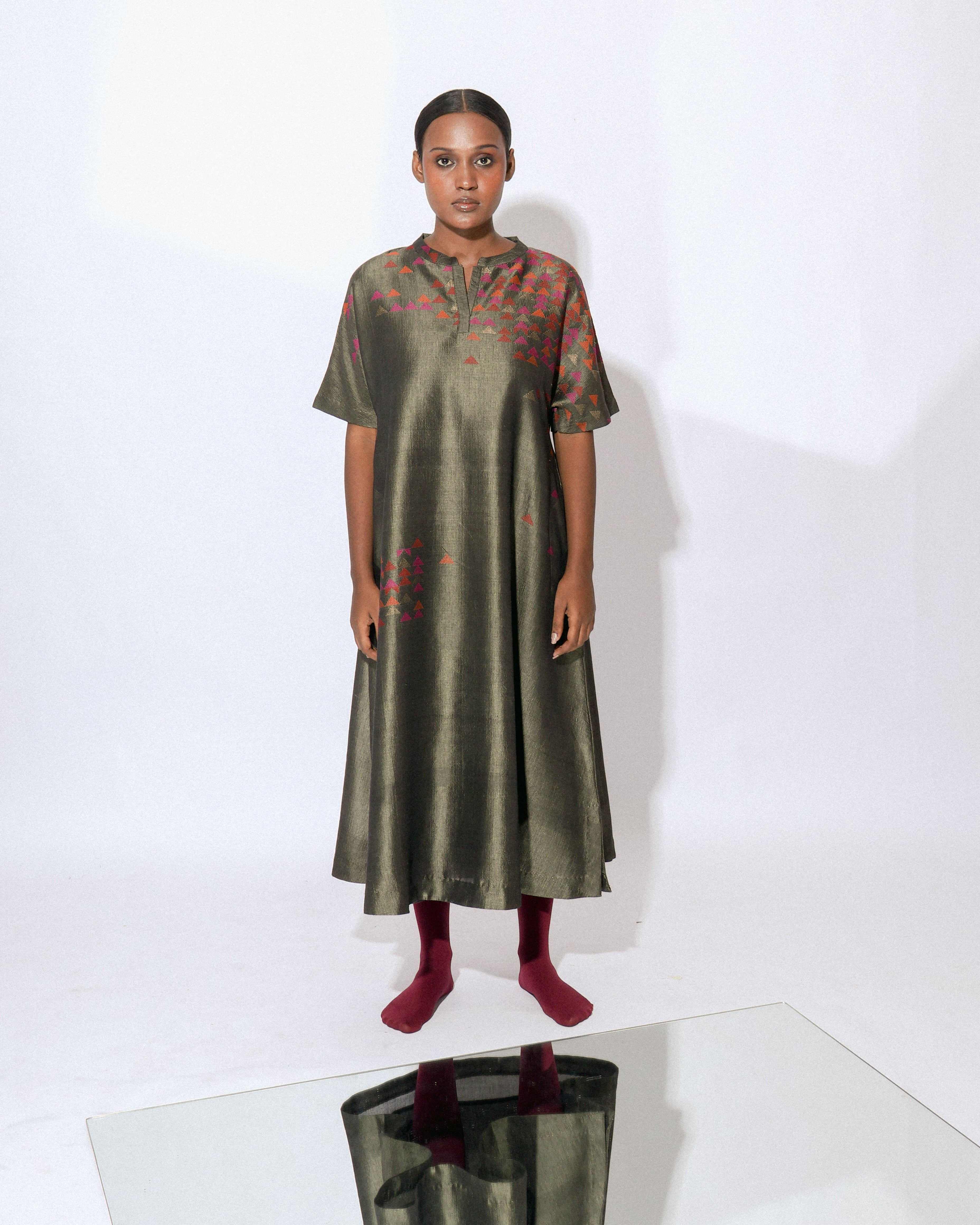 Stardust Greige Drop Shoulder Mandarin Dress