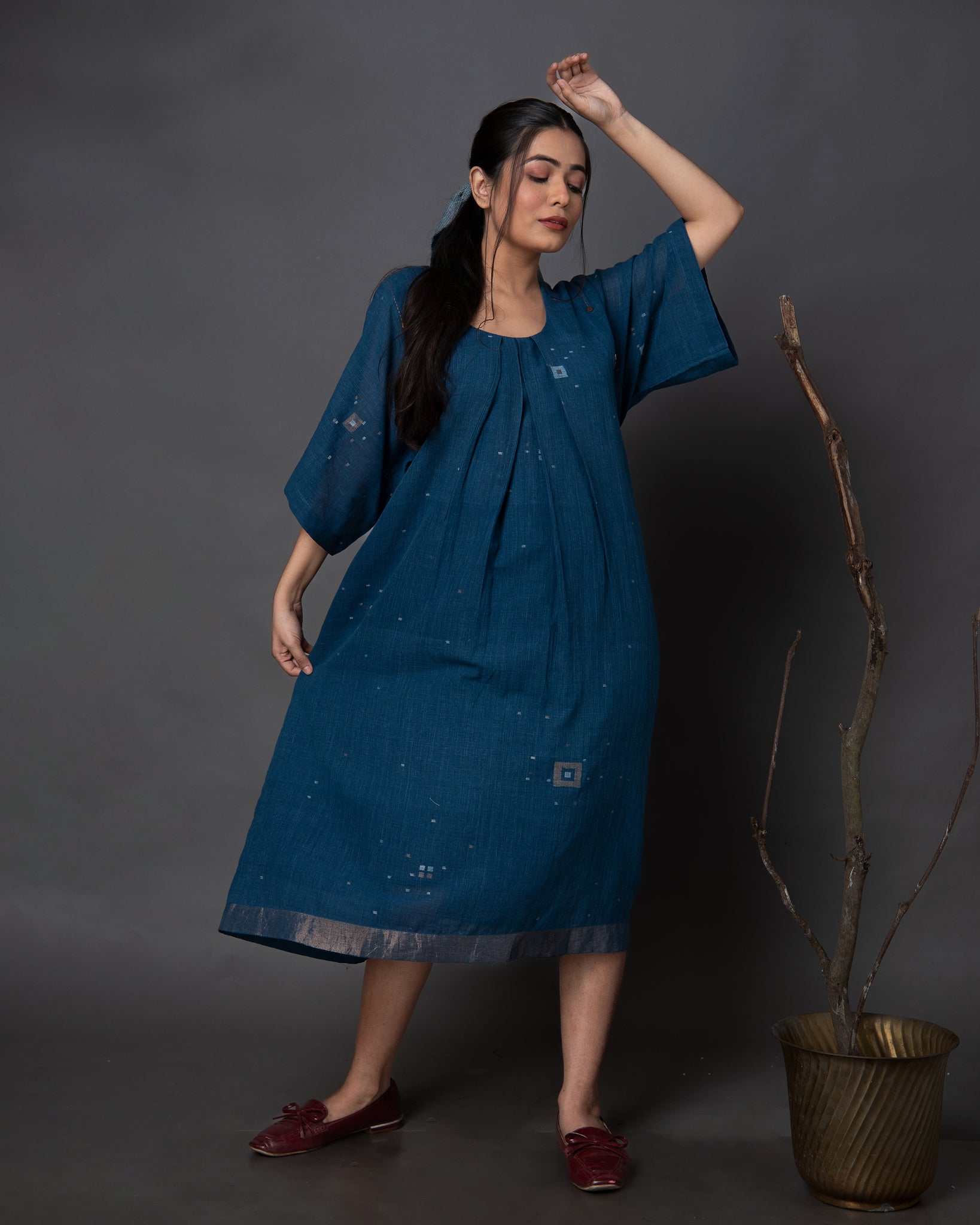 Round Neck Box Pleat Dress - Main Image